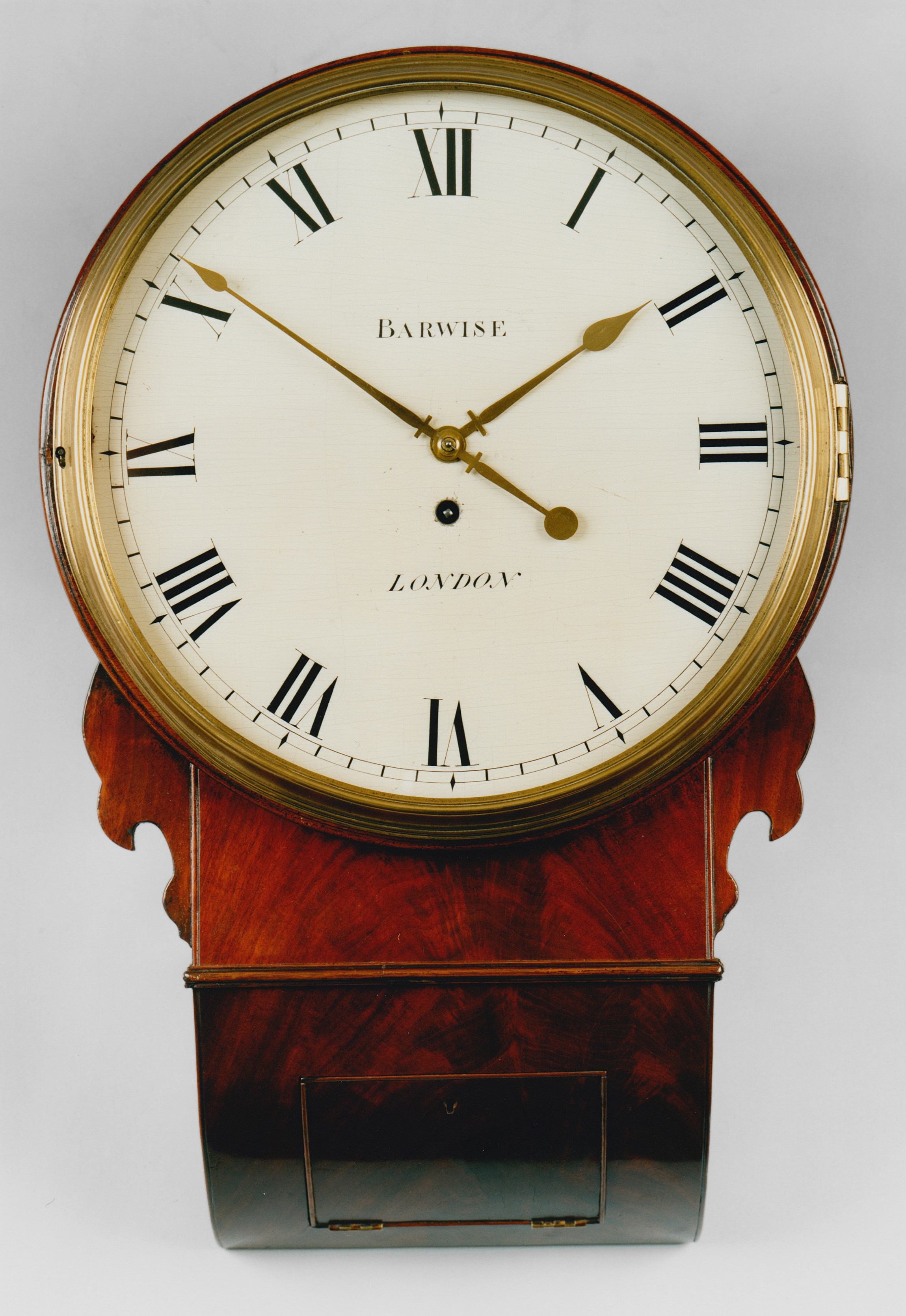 19TH CENTURY ANTIQUE REGENCY MAHOGANY DROP DIAL WALL CLOCK BY BARWISE OF LONDON